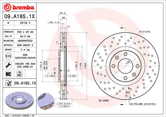 Гальмівний диск   09.A185.1X   BREMBO