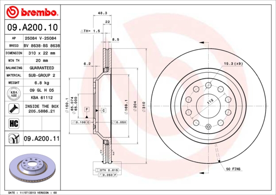 Гальмівний диск   09.A200.11   BREMBO