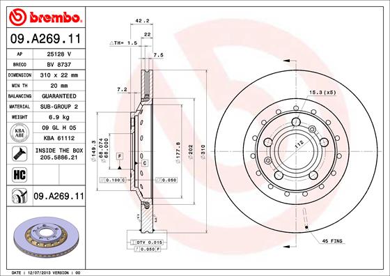 Тормозной диск   09.A269.11   BREMBO