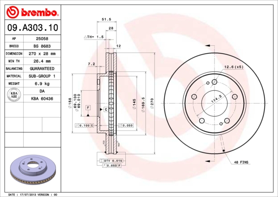 Гальмівний диск   09.A303.10   BREMBO