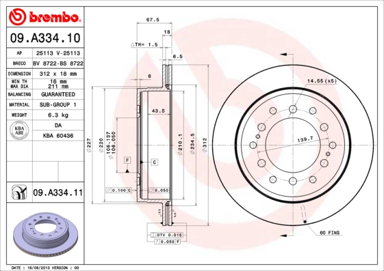 Гальмівний диск   09.A334.11   BREMBO