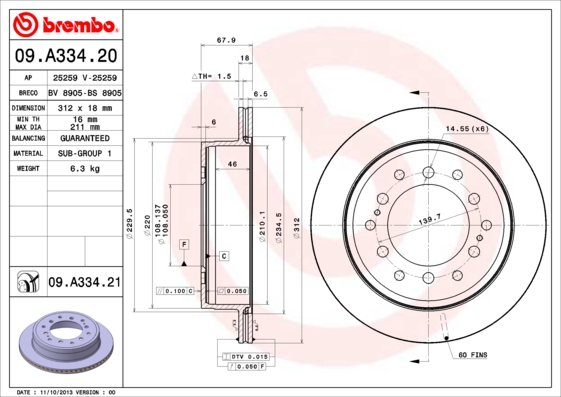 Гальмівний диск   09.A334.21   BREMBO