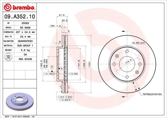 Тормозной диск   09.A352.10   BREMBO