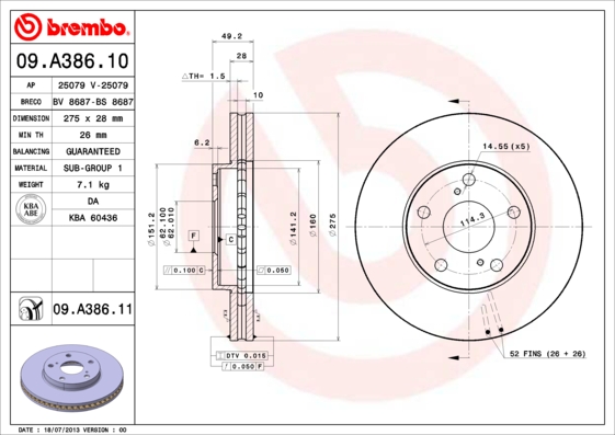 Тормозной диск   09.A386.11   BREMBO