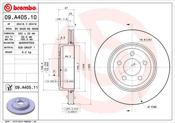 Тормозной диск   09.A405.11   BREMBO