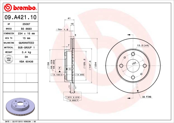 Тормозной диск   09.A421.10   BREMBO