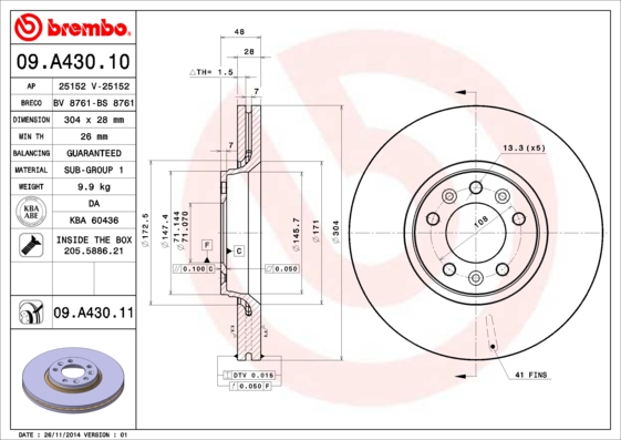 Тормозной диск   09.A430.10   BREMBO