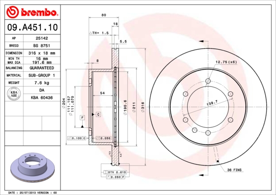 Тормозной диск   09.A451.10   BREMBO