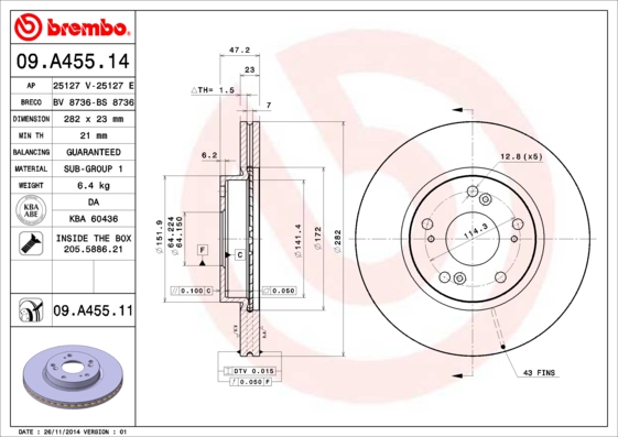 Тормозной диск   09.A455.14   BREMBO