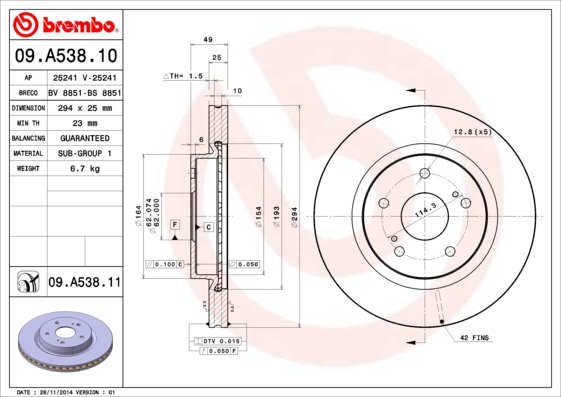 Тормозной диск   09.A538.10   BREMBO