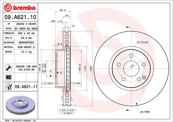 Тормозной диск   09.A621.11   BREMBO