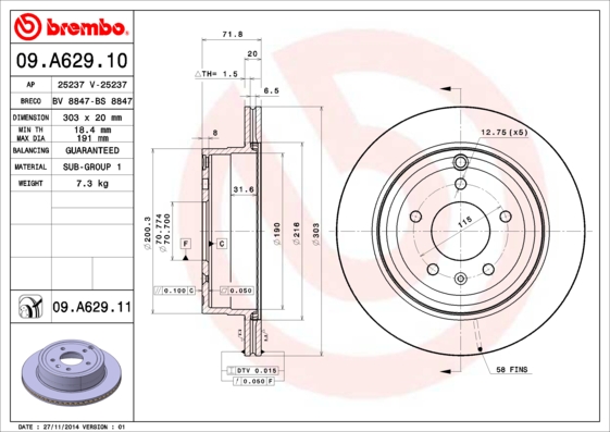 Гальмівний диск   09.A629.10   BREMBO