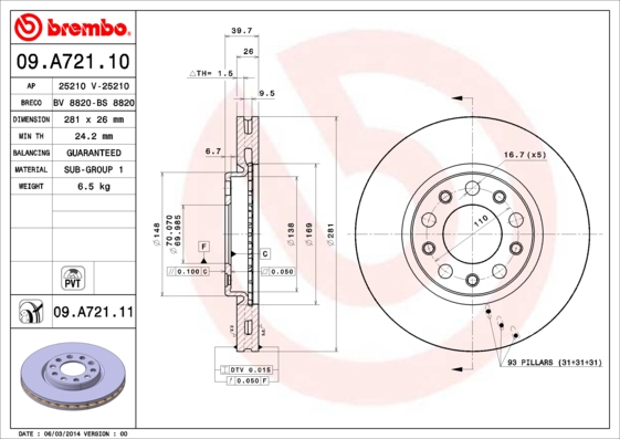 Тормозной диск   09.A721.11   BREMBO