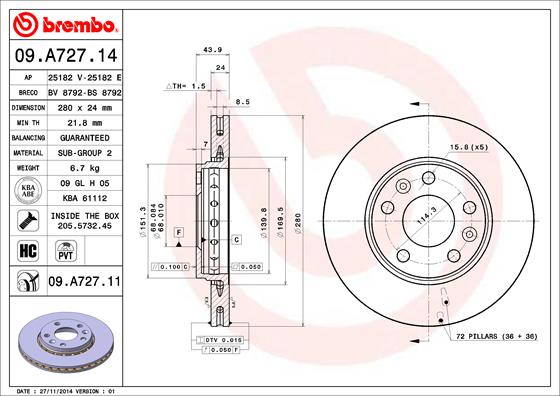 Гальмівний диск   09.A727.11   BREMBO