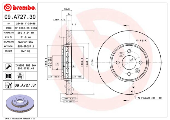 Тормозной диск   09.A727.31   BREMBO