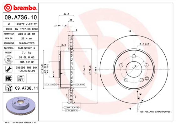 Тормозной диск   09.A736.11   BREMBO