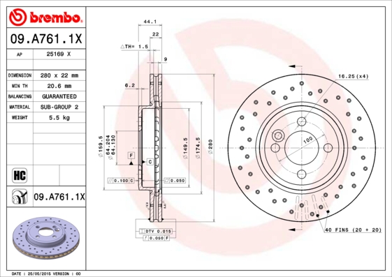 Тормозной диск   09.A761.1X   BREMBO