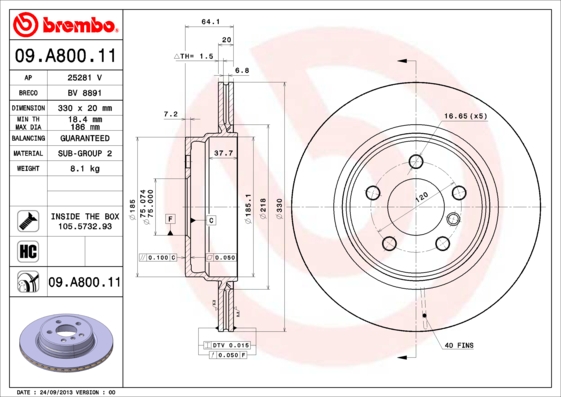 Гальмівний диск   09.A800.11   BREMBO