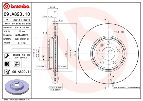 Тормозной диск   09.A820.11   BREMBO