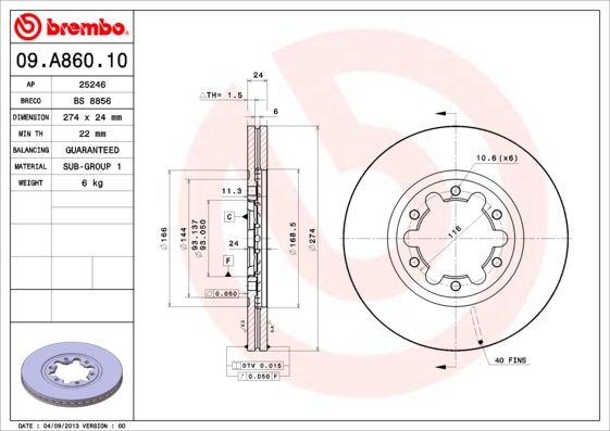 Гальмівний диск   09.A860.10   BREMBO