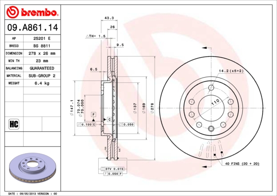 Тормозной диск   09.A861.14   BREMBO