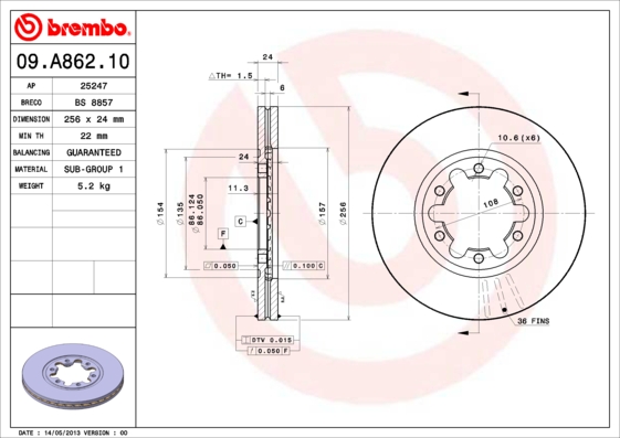 Гальмівний диск   09.A862.10   BREMBO