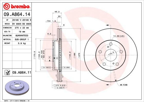 Тормозной диск   09.A864.11   BREMBO