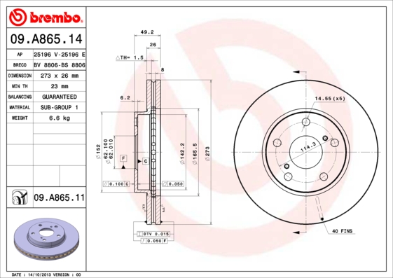 Тормозной диск   09.A865.11   BREMBO