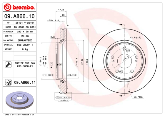 Гальмівний диск   09.A866.10   BREMBO