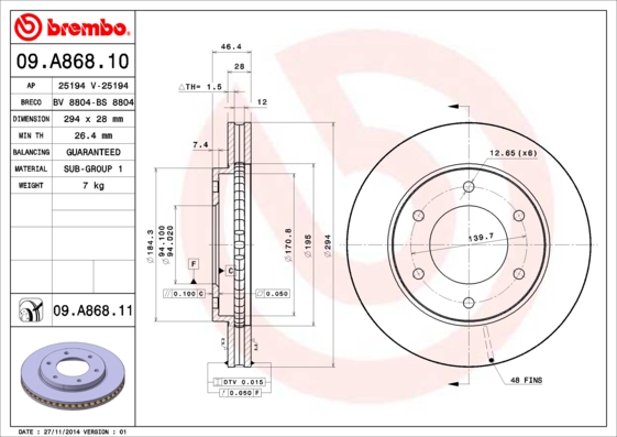 Тормозной диск   09.A868.10   BREMBO