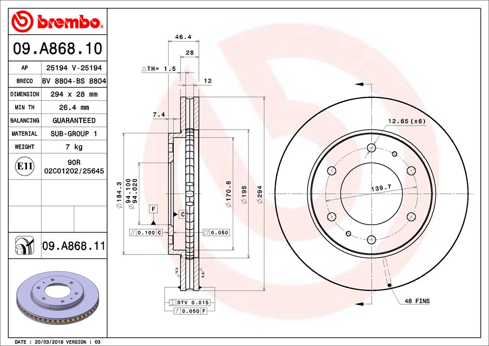 Тормозной диск   09.A868.11   BREMBO