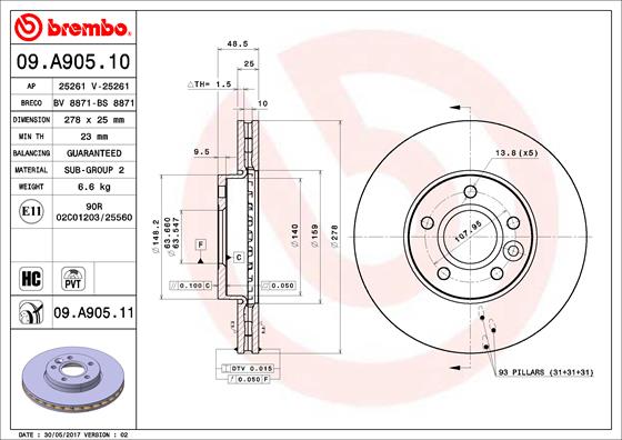 Тормозной диск   09.A905.10   BREMBO