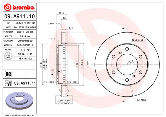 Тормозной диск   09.A911.10   BREMBO