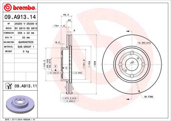 Тормозной диск   09.A913.11   BREMBO