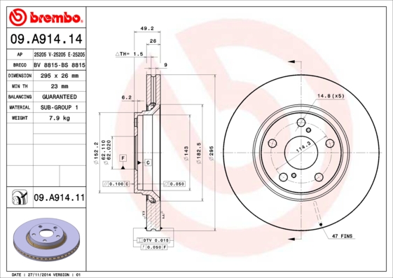 Тормозной диск   09.A914.11   BREMBO