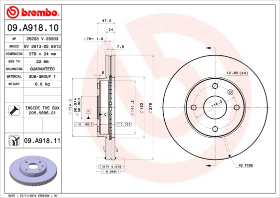 Тормозной диск   09.A918.10   BREMBO