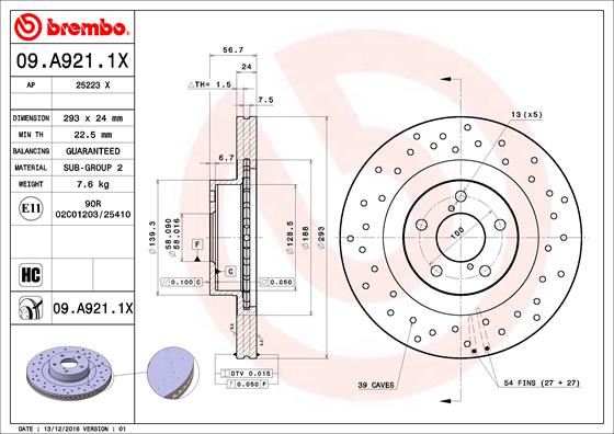 Гальмівний диск   09.A921.1X   BREMBO