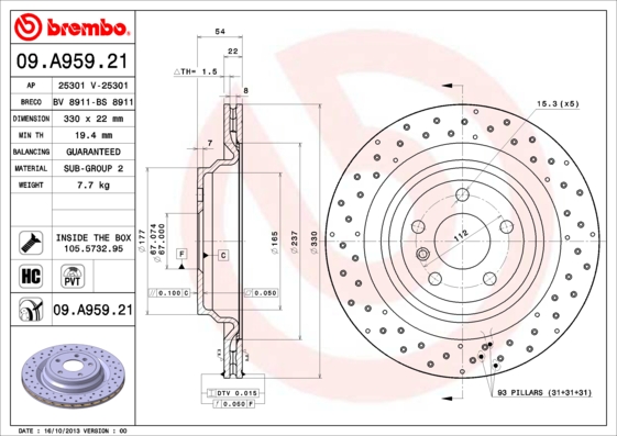 Тормозной диск   09.A959.21   BREMBO