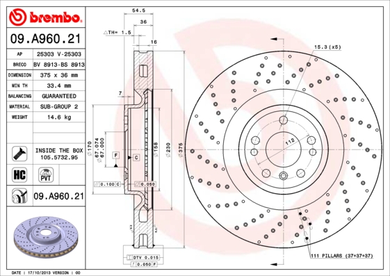 Тормозной диск   09.A960.21   BREMBO