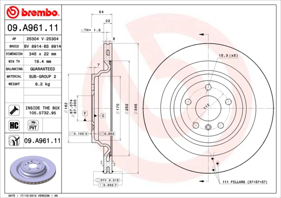 Тормозной диск   09.A961.11   BREMBO