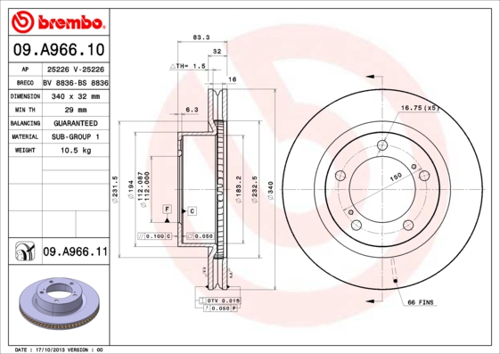 Тормозной диск   09.A966.11   BREMBO