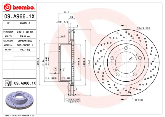 Гальмівний диск   09.A966.1X   BREMBO