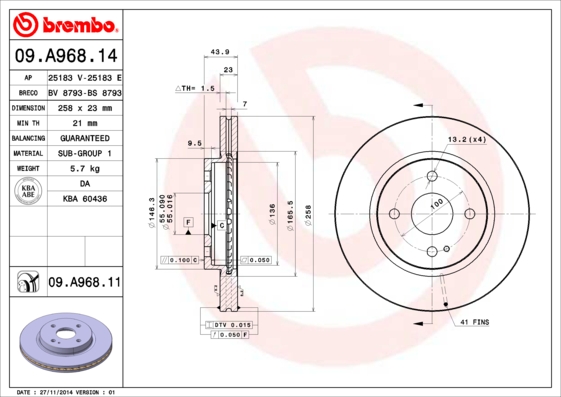 Гальмівний диск   09.A968.11   BREMBO