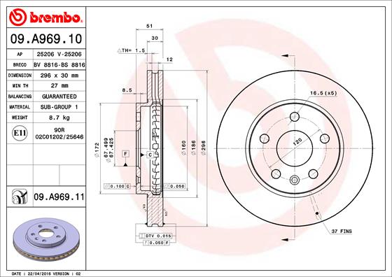 Гальмівний диск   09.A969.10   BREMBO