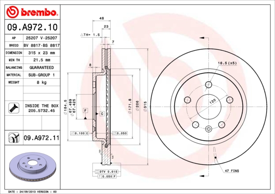 Гальмівний диск   09.A972.11   BREMBO