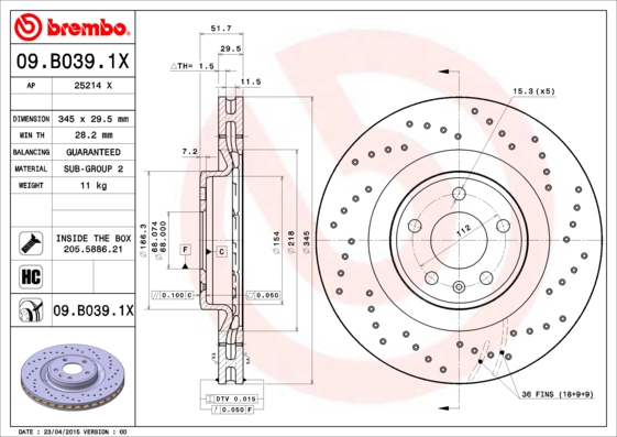 Тормозной диск   09.B039.1X   BREMBO