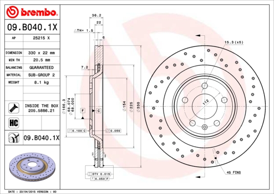 Тормозной диск   09.B040.1X   BREMBO