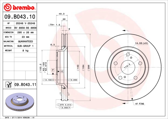 Тормозной диск   09.B043.10   BREMBO