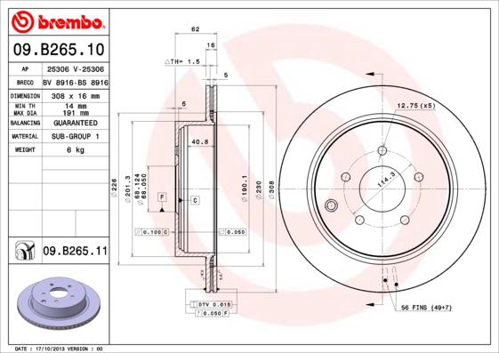 Тормозной диск   09.B265.10   BREMBO