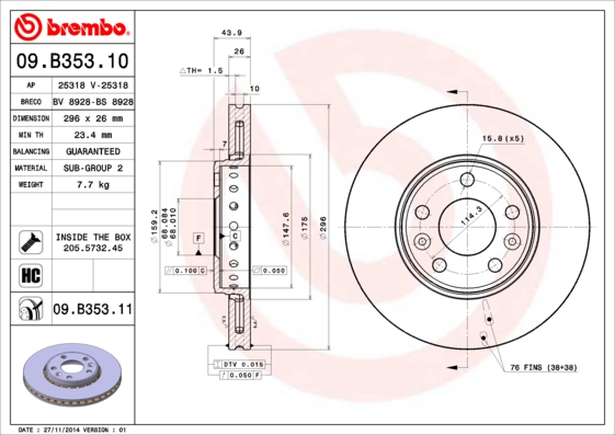 Тормозной диск   09.B353.11   BREMBO